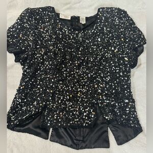 Scala Vintage Black Sequence and Beaded Silk Blouse